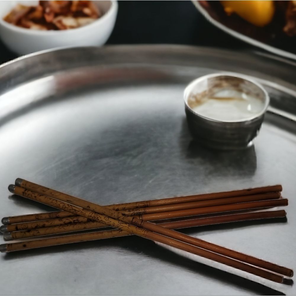 Vintage Chinese Bamboo Chopsticks with Metal Tips 6pcs